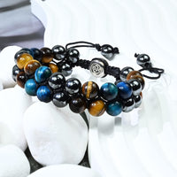 Triple Protection Bracelet Natural Blue Yellow Tigers Eye Hematite 8mm Beads Crystal Bracelet Healing Bracelets for Men Women Bring Prosperity Luck and Health 8MM Blue Triple Protection (Double layer)
