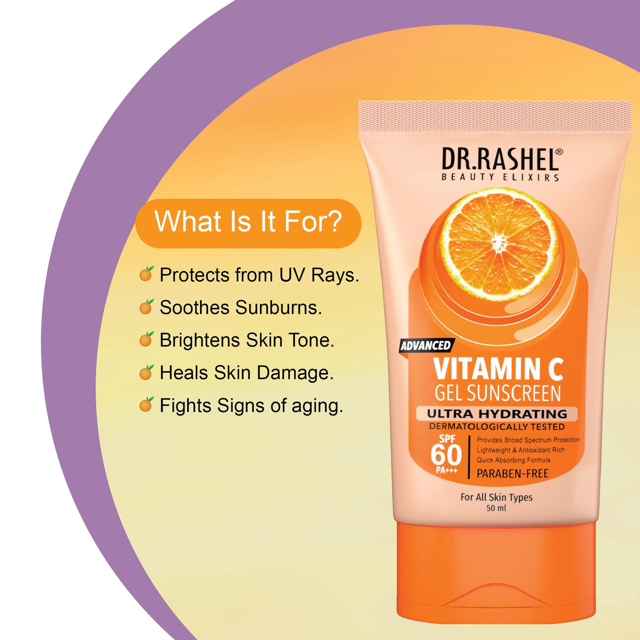 DR.RASHEL VITAMIN C GEL SUNSCREEN SPF 60 PA +++ ULTRA HYDRATING PROVIDE BROD SPECTRUM PROTECTION LIGHT WEIGHT THAT PROTECTS AGAINST UV RAYS (50 ML)