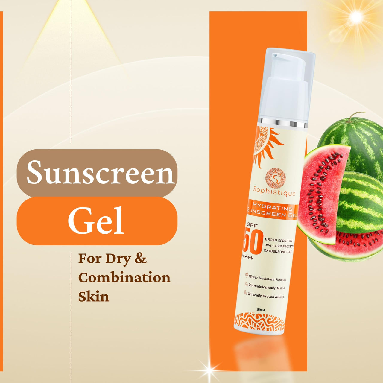 SOPHISTIQUE Hydrating Sunscreen Gel SPF 50 PA+++ for Oily Skin, UVA+UVB Protection, Oxybenzone Free, Water Resistant, Dermatologically Tested, Sunscreen SPF50 for Dry & Combination Skin, 50 m, Pack of 1