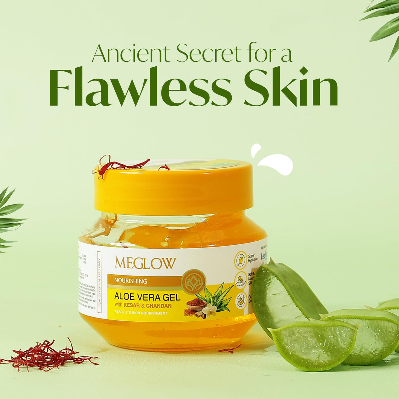 Meglow by Leeford | Nourishing Aloe Vera Gel with Kesar Chandan | Pure Aloe Vera, Kesar Chandan Gel | Organic Aloe Vera Gel for Face | Ayurvedic Formula for Skin Nourishment Pack of 3 (100g each)