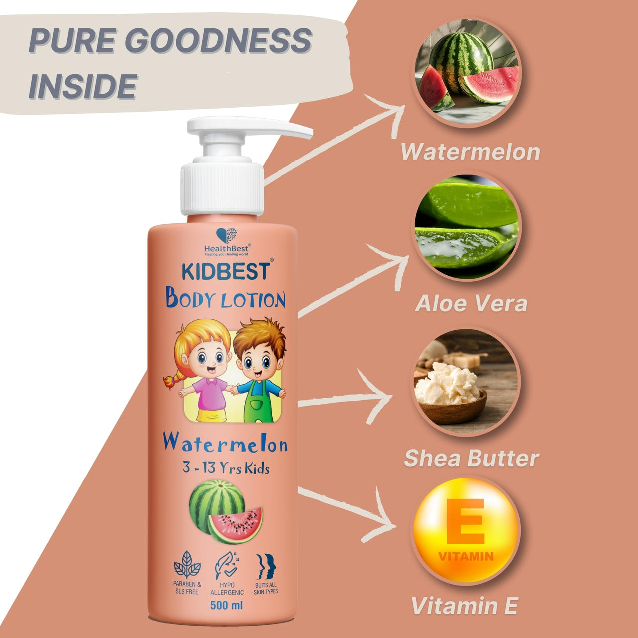 HealthBest Kidbest Body Lotion for Kids | Anti-Bacterial | Normal Skin, Sensitive Skin & Dry Skin | Tear, Paraben, SLS free | Watermelon Flavor | 500ml