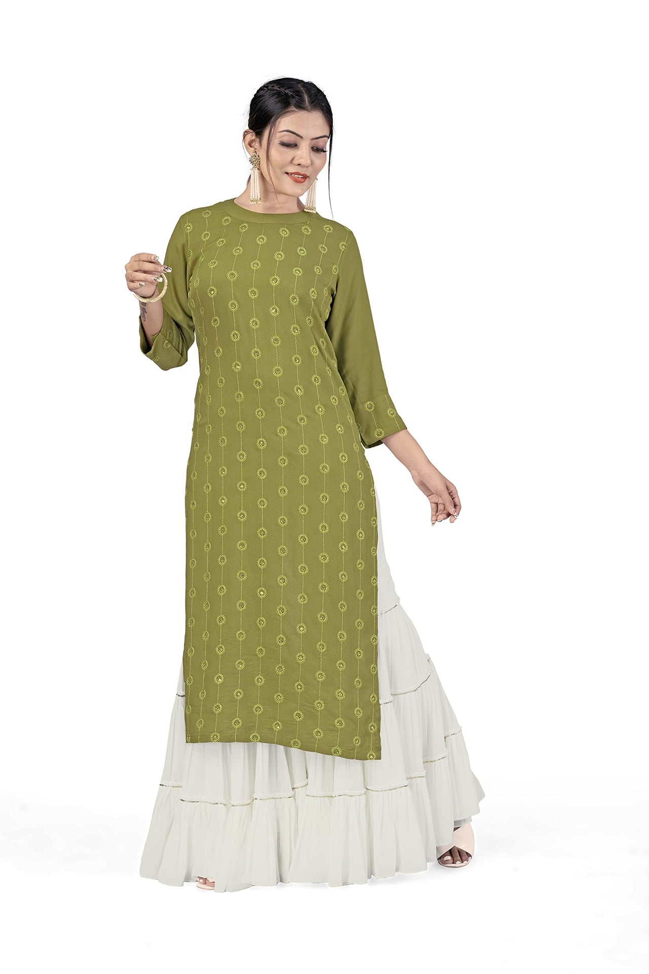 Fashion Dream Women Viscose Rayon Sequence Embroidered Straight Kurti