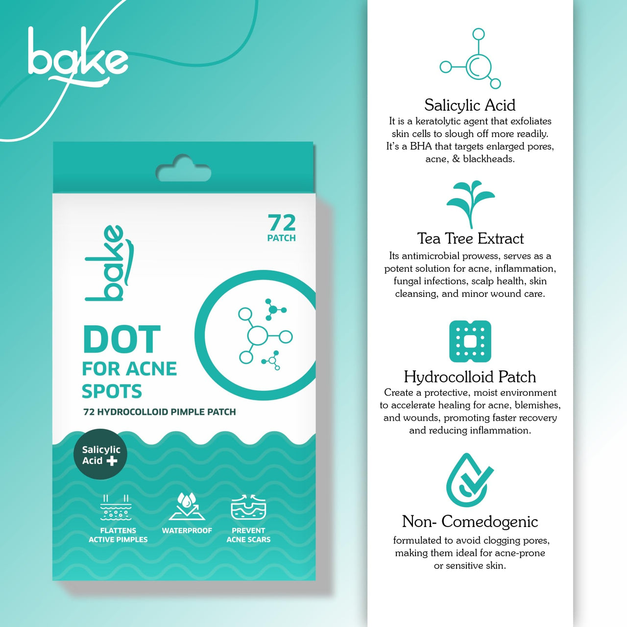 BAKE 2% Salicylic Acid Hydrocolloid Pimple Patches (72 Dots) | Absorbs Oil, Prevents Acne | Waterproof Patches | For Acne, Acne Marks, Acne Prone Skin - 72 Patches