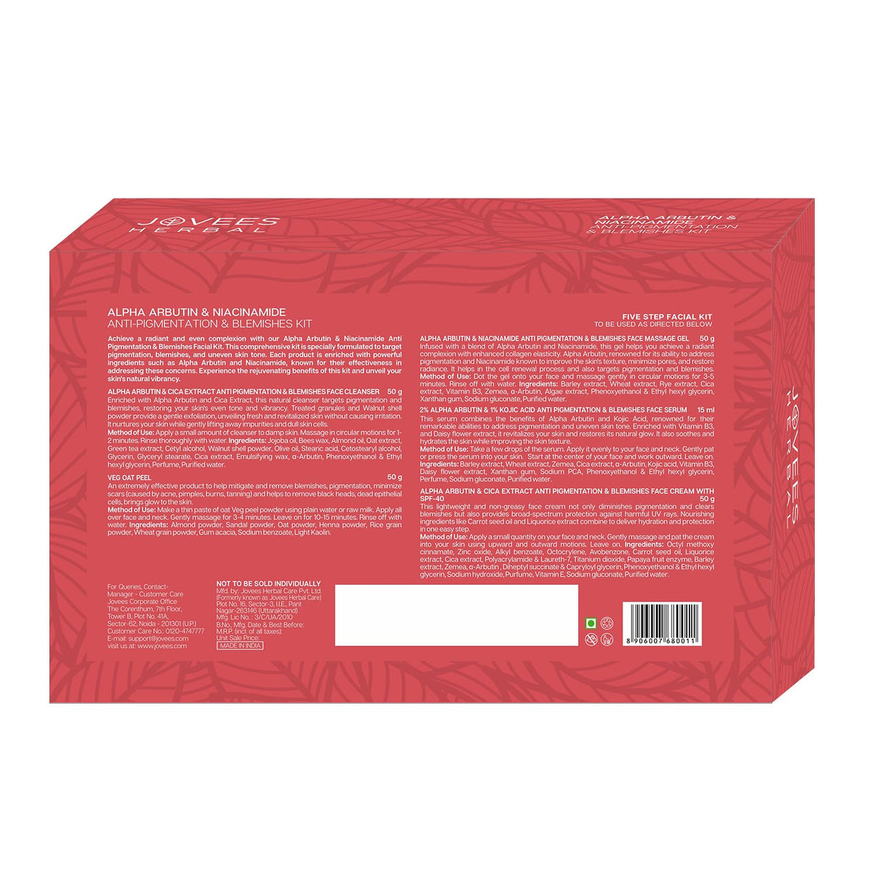 Jovees Herbal Alpha Arbutin & Niacinamide Anti Pigmentation & Blemishes Facial Kit For Pigmentation, Blemishes & Improves Uneven Skin Tone with 5 Easy Steps- Multiple Use