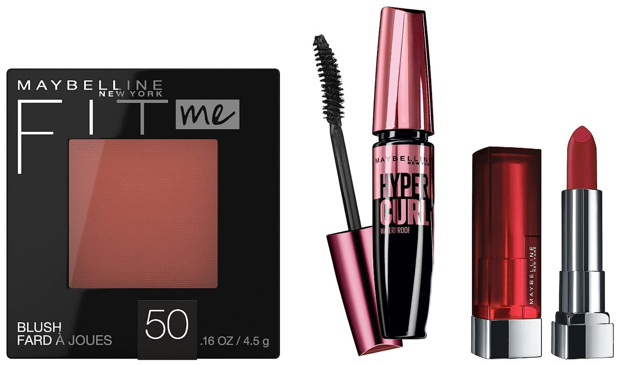 Maybelline Insta Weddings Carefree Cocktail Makeup Kit, Hypercurl Waterproof Mascara, Fit Me Blush, Color Sensational Creamy Matte Lipstick - Rich Ruby, Pack Of 1