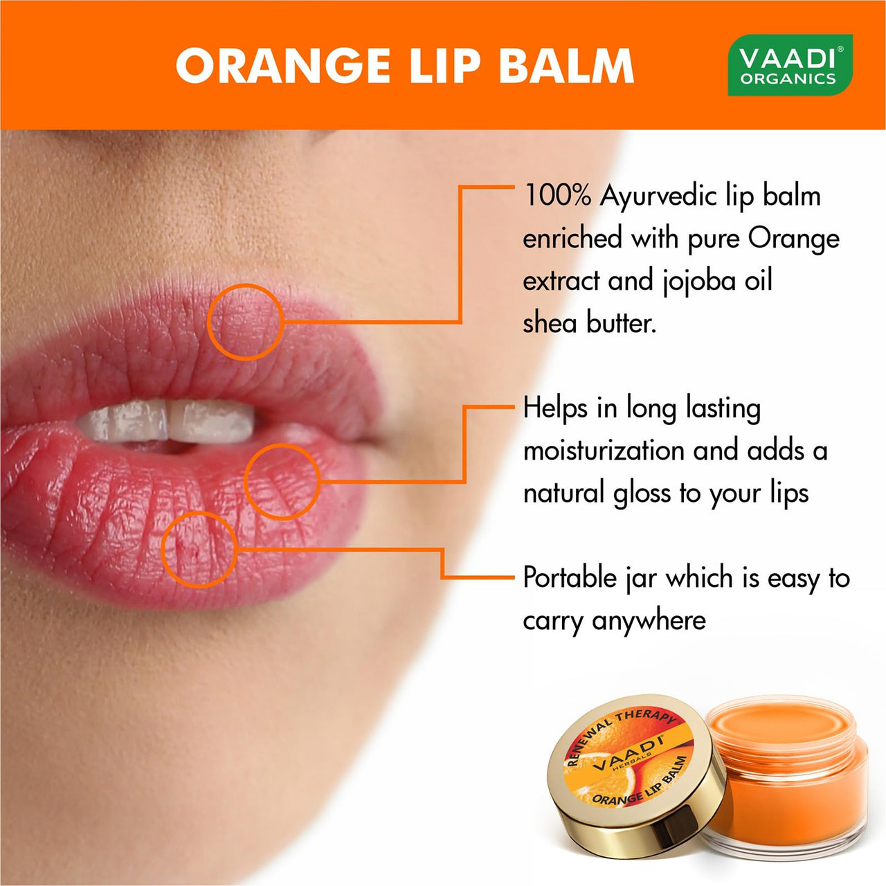 Vaadi Herbals Lip Balm, Orange and Shea Butter, 10g