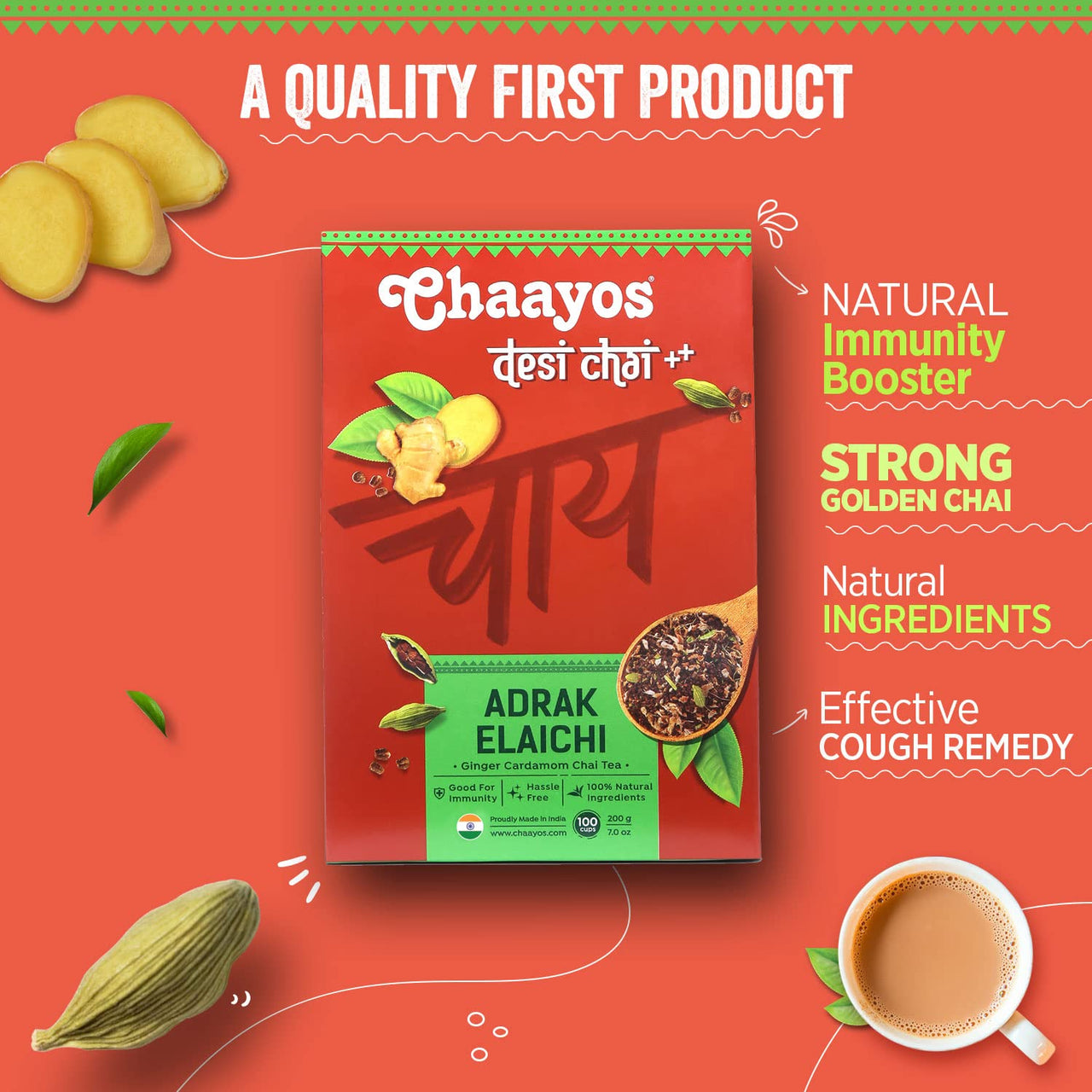 Chaayos Adrak Elaichi Tea (Ginger and Cardamom) - Premium Desi Chai Patti for Authentic Masala Flavour | Immunity Booster- 200g [100 Cups]