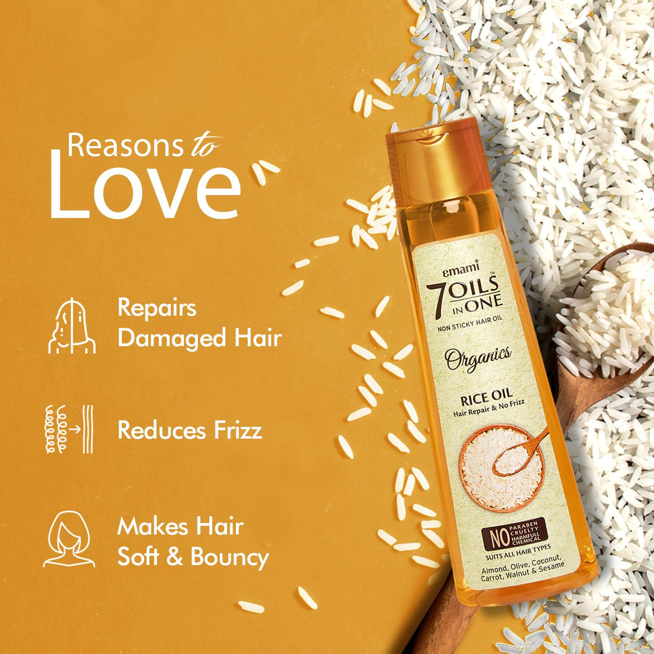 Emami 7 Oils In One Organics RICE OIL Hair Repair& No Frizz| Nourishing & Hydrating| Ultra-Light & Non-Sticky | Certified Organic | Free From Parabens, Sulphates & Harmful Chemicals |For Soft, Shiny Hair - 200ml
