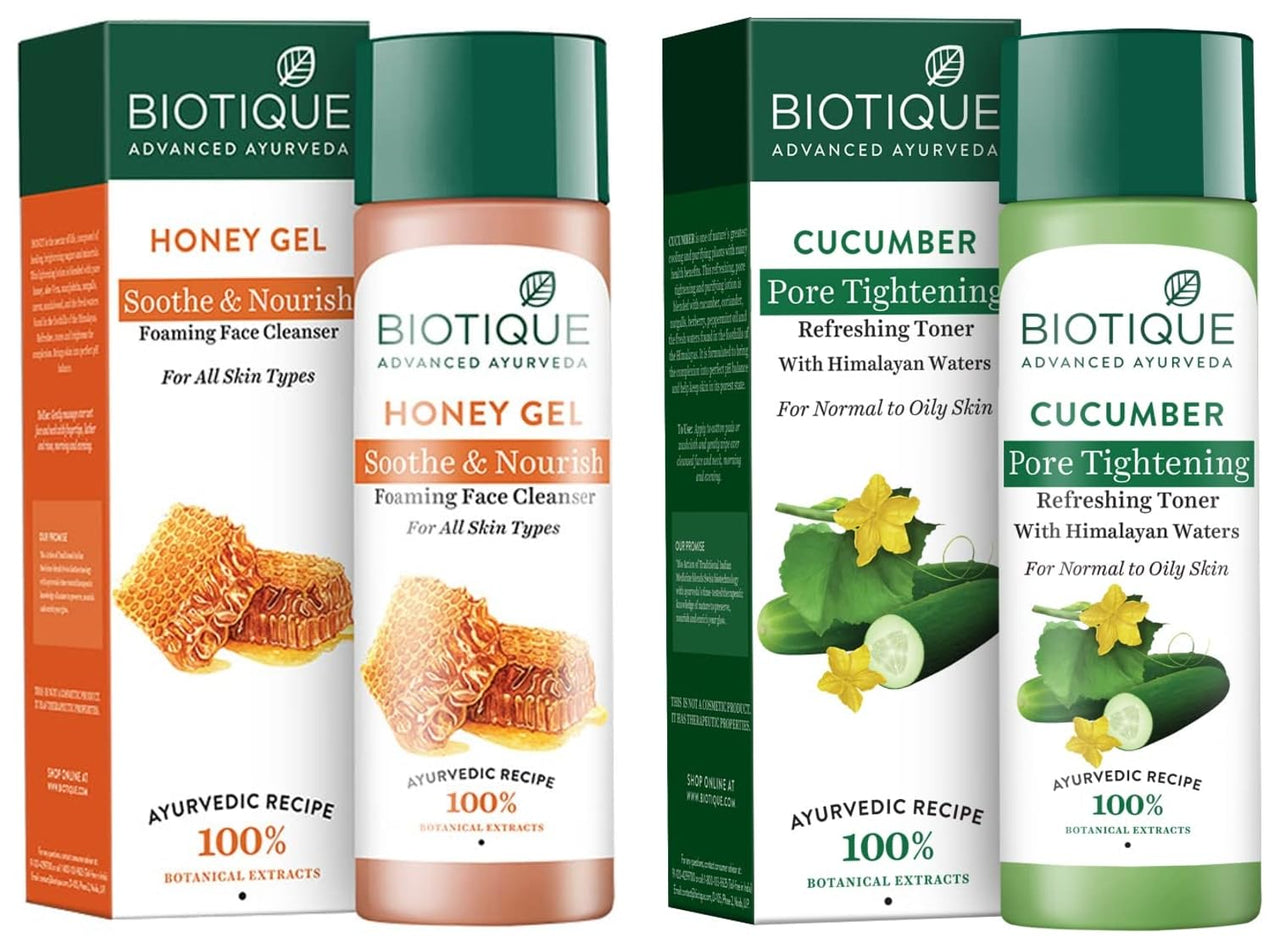 Biotique Honey Gel Soothe & Nourish Foaming Face Cleanser Foe All Skin Types, 120ml & Biotique Cucumber Pore Tightening Refreshing Toner with Himalayan Waters, 120ml