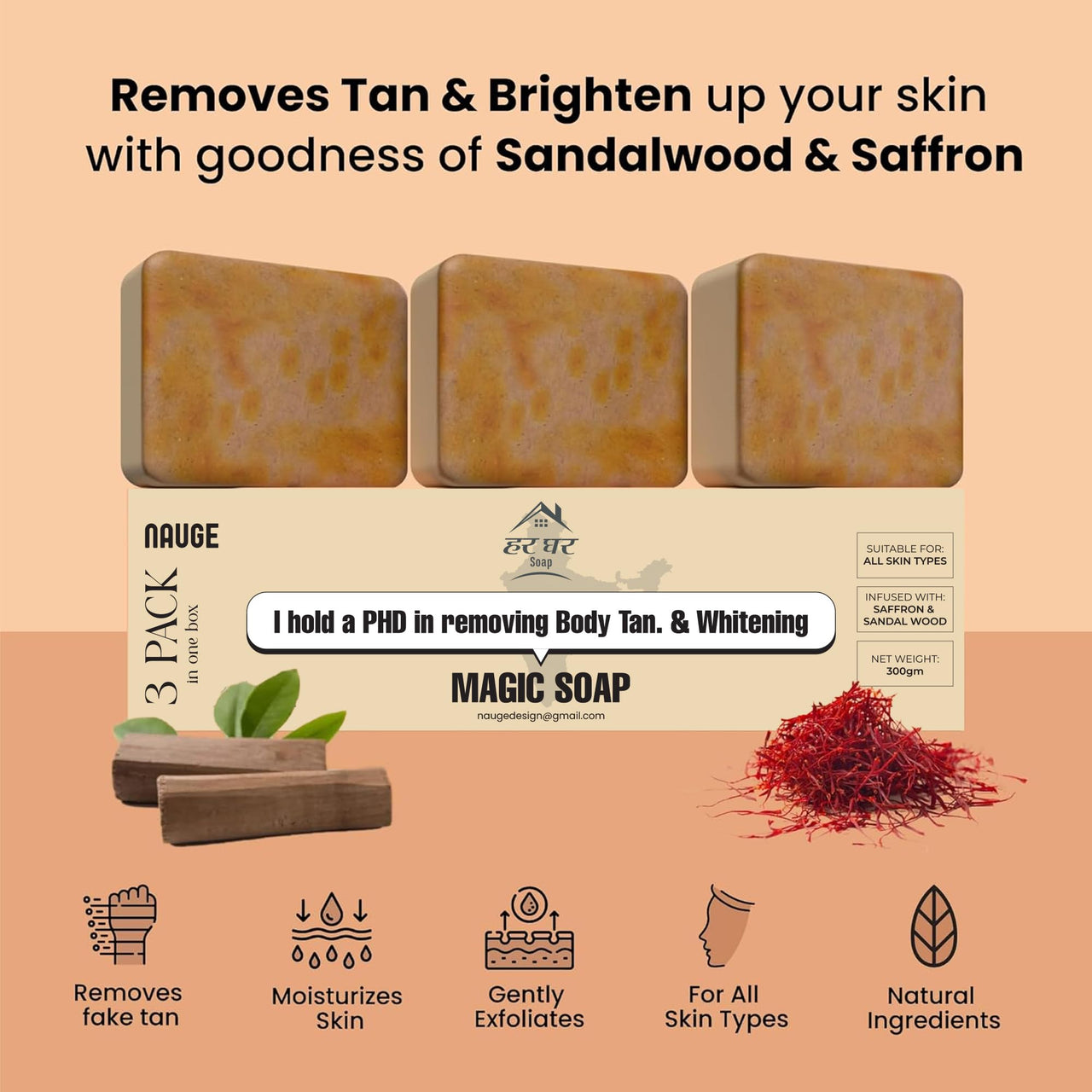 HarGhar Soaps Sandalwood & Saffron Magic Soaps For Bath (100 Gms Pack Of 3) | Paraben Free | Chandan & Kesar Bath Soap | Handmade For Glowing | Skin Brightening Soap For Men & Women (100 g (Pack of 3)) (100g (Pack of 3))