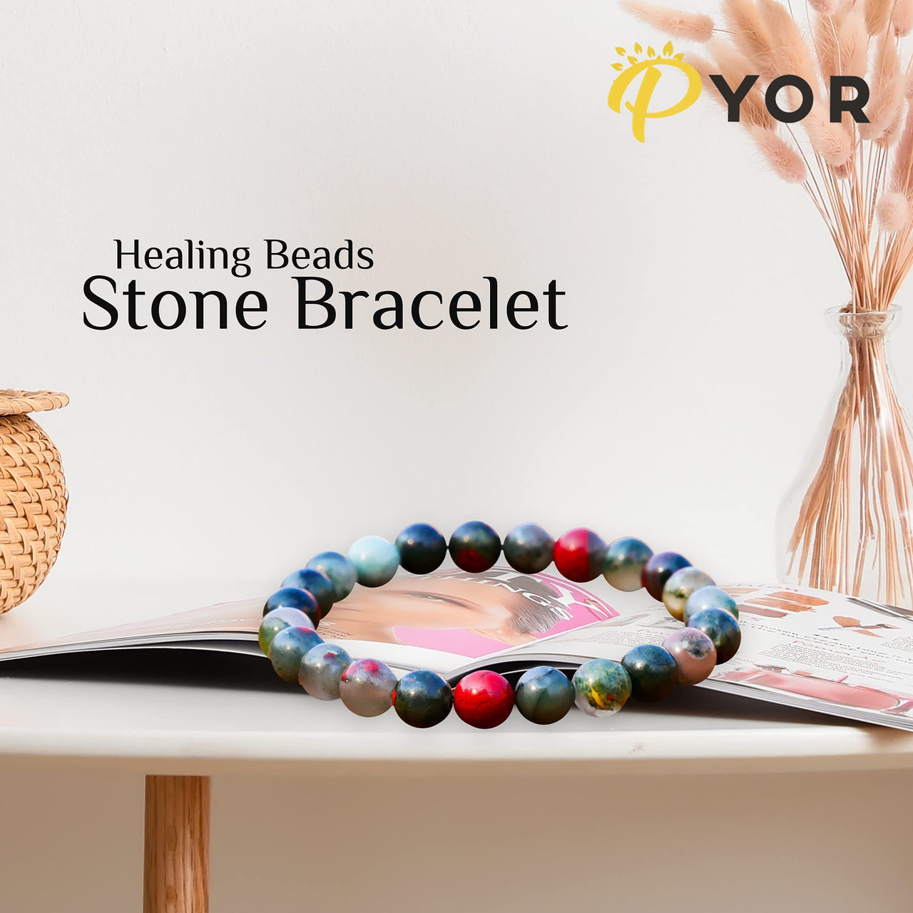 PYOR Blood Stone Gemstone Beads Bracelet Reiki Chakra Healing Blue Crystals And Yoga Bracelets For Men Women Adjustable Stretch Crystal Bead 8mm Good Luck Spiritual Jewelry Aesthetic Positive Energy Blood Stone Bracelet