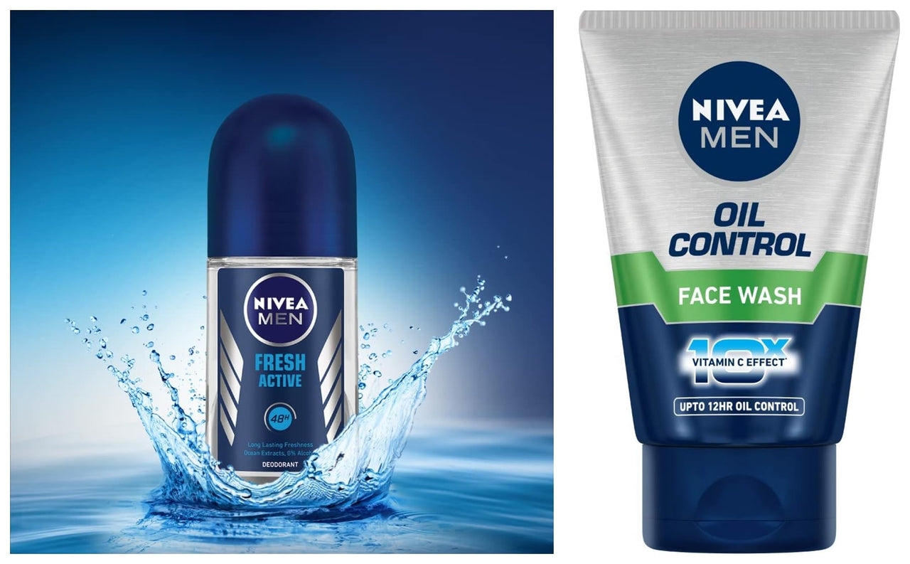 Nivea Deodorant Roll-On, Fresh Active Original for Men, 50ml And Face Wash, Oil Control, 10x Vitamin C for Men, 100g