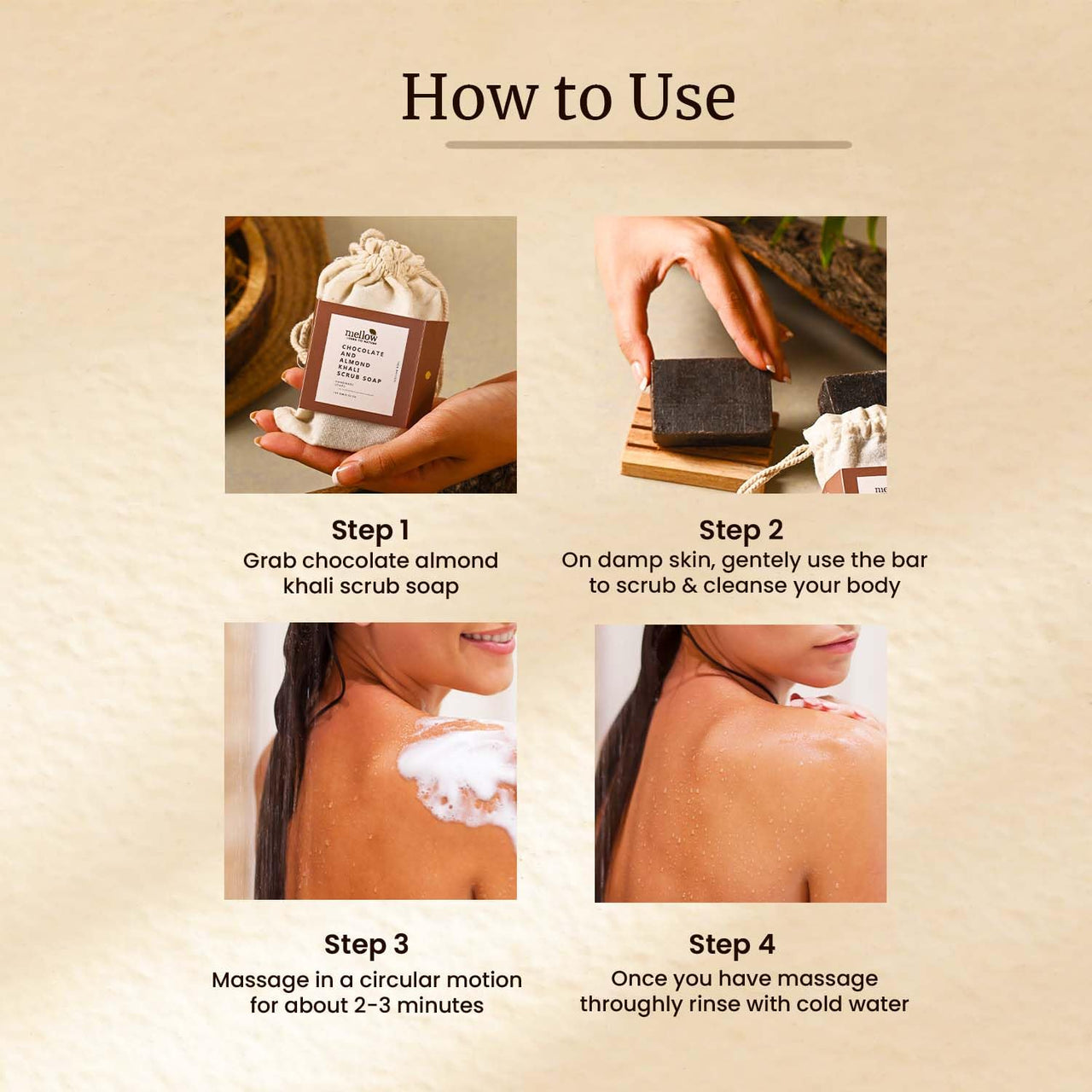 Mellow Chocolate & Almond Khali Body Scrub Soap | 100% Handmade Herbal Body Soap | Helps to Remove dirt and grime Cleanses and Moisturize Skin | No Paraben & Chemical Free - 100gm