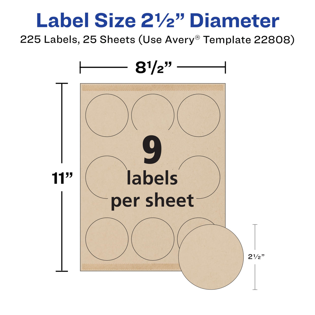 Avery Kraft Brown Round Labels with Sure Feed Technology, 2.5" Diameter, Print to The Edge, Laser/Inkjet Printable Labels, 225 Total (22808) 225 labels