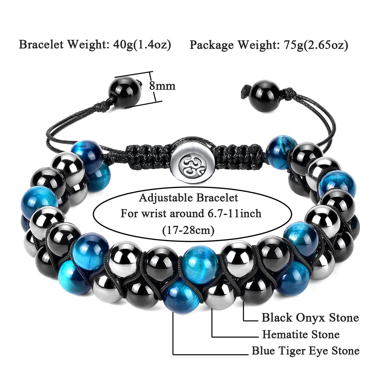 Triple Protection Bracelet 8MM Blue Tiger Eye Black Onyx Hematite Stone Bracelet Healing Crystal Natural Stone Beads Bracelet for Men Women Bring Prosperity Luck 8mm Blue Tiger Eye/Black Onyx/Hematite