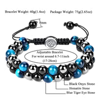 Triple Protection Bracelet 8MM Blue Tiger Eye Black Onyx Hematite Stone Bracelet Healing Crystal Natural Stone Beads Bracelet for Men Women Bring Prosperity Luck 8mm Blue Tiger Eye/Black Onyx/Hematite