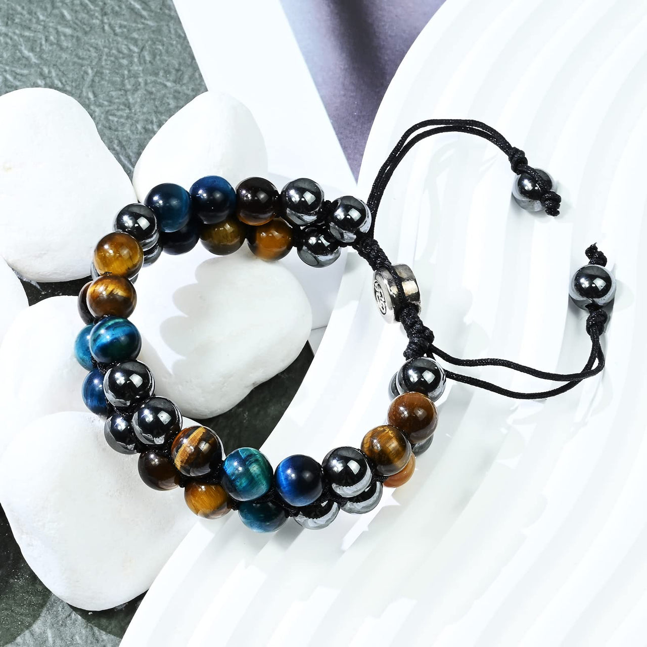 Triple Protection Bracelet Natural Blue Yellow Tigers Eye Hematite 8mm Beads Crystal Bracelet Healing Bracelets for Men Women Bring Prosperity Luck and Health 8MM Blue Triple Protection (Double layer)