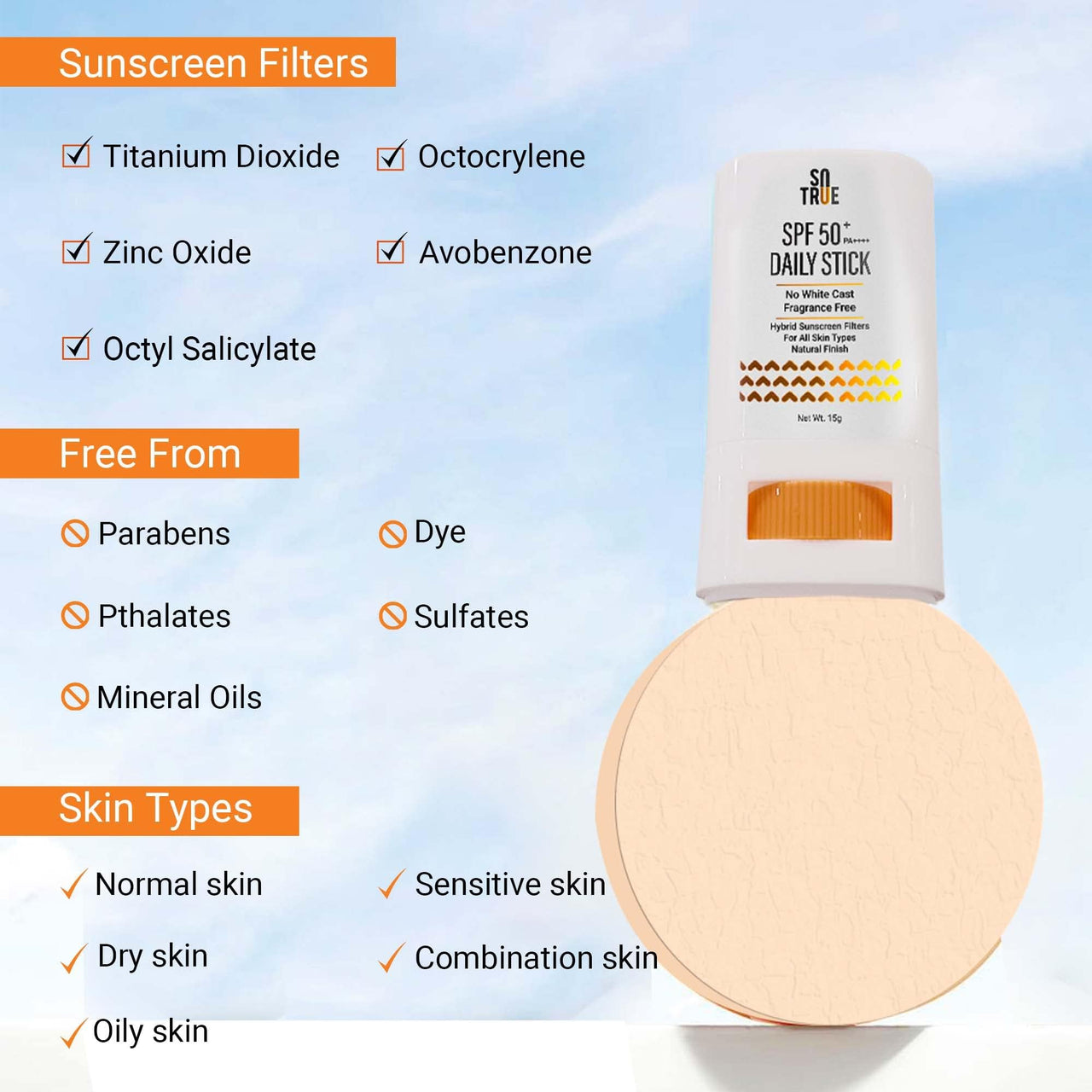 Sotrue SPF 50+ Daily Sunscreen Stick | Lightweight, Water Resistant | No White Cast | Broad Spectrum PA++++ | Non Sticky With Dewy Finish | Mess Free Sun Protection | Suitable for Face & Body 15g