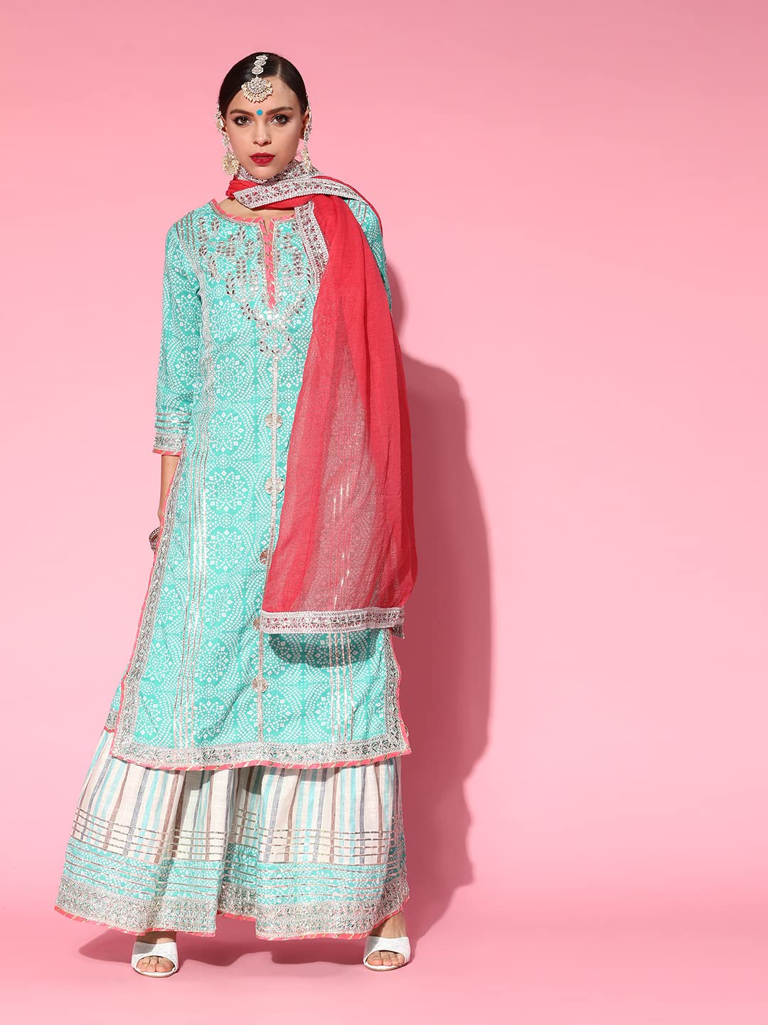 ishin Women's  Pure Cotton Green Embroidered A-Line Kurta Suit Set with Dupatta & Sharara