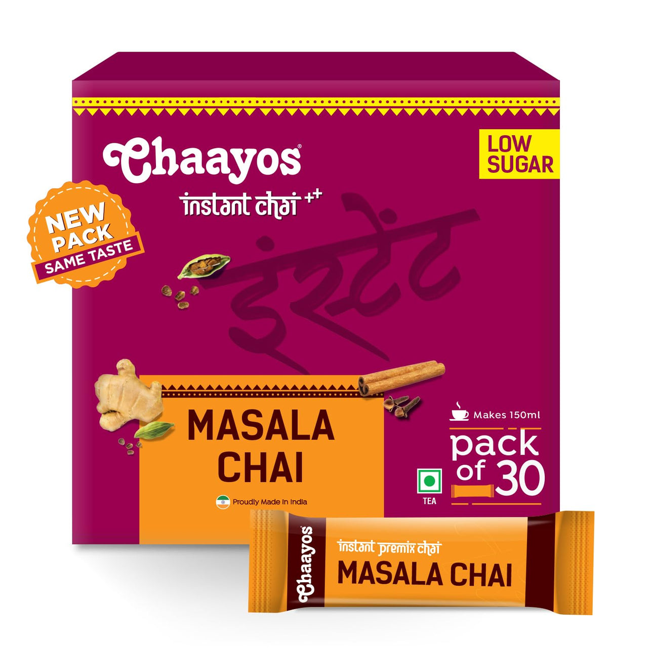 Chaayos Instant Tea Premix - Masala Flavour - Low Sugar (30 Sachets) | Masala Chai | Assam Tea | Flavored Tea Powder - 0.47 Kg