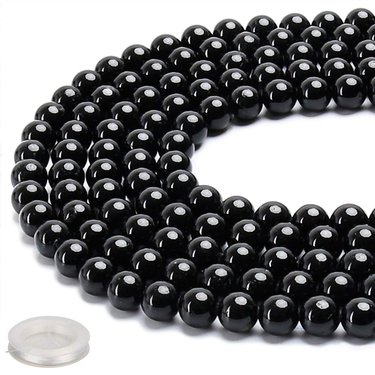 60PCS Natural 6MM Healing Gemstone, Black Tourmaline Energy Stone Round Loose Beads, Semi-Precious Crystal Beads with Free Elastic String for Jewelry Making DIY