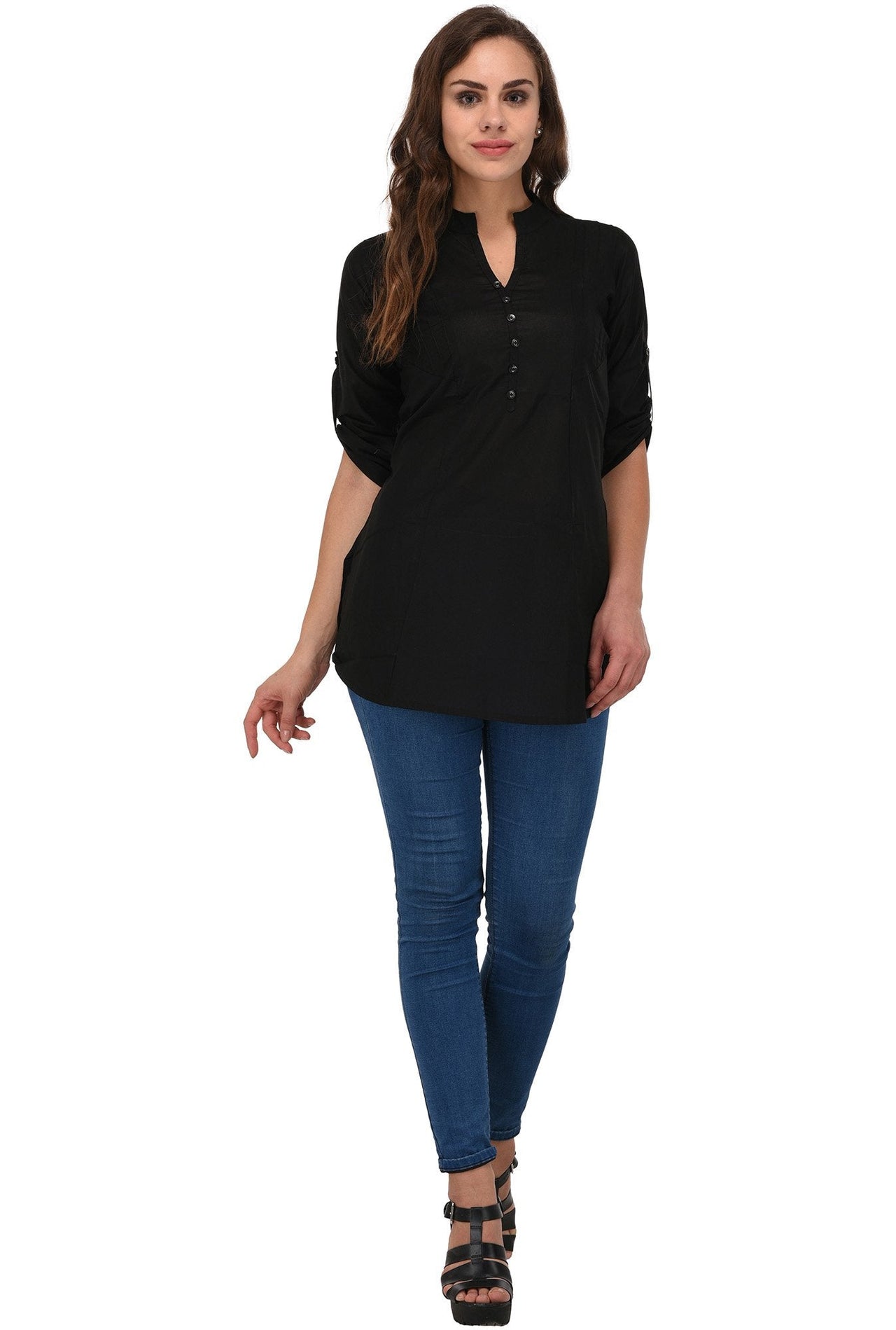 Pistaa's  Women's  Best Cotton Comfort Black Short Kurti with Fold up Sleeves