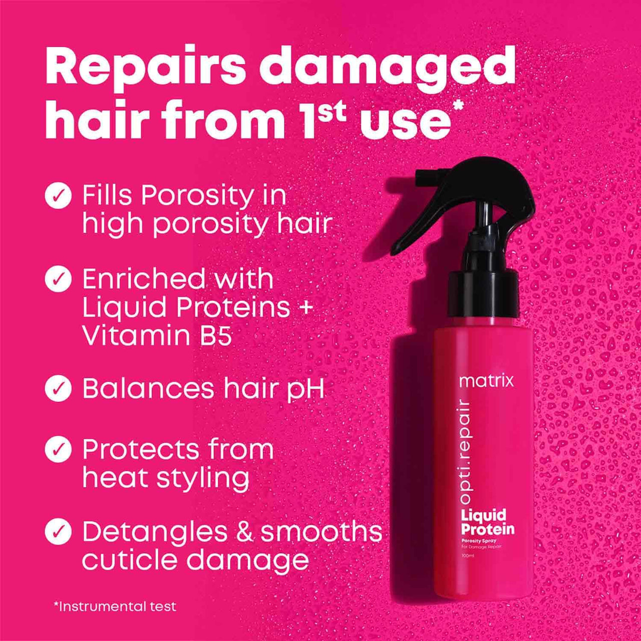 Matrix Opti.Repair Professional Porosity Filling Spray | Liquid Protein + Vitamin B5 | Repairs Damage from 1st Use* | Heat Protection, reduced Split Ends, Breakage, Knotting, 100 ml