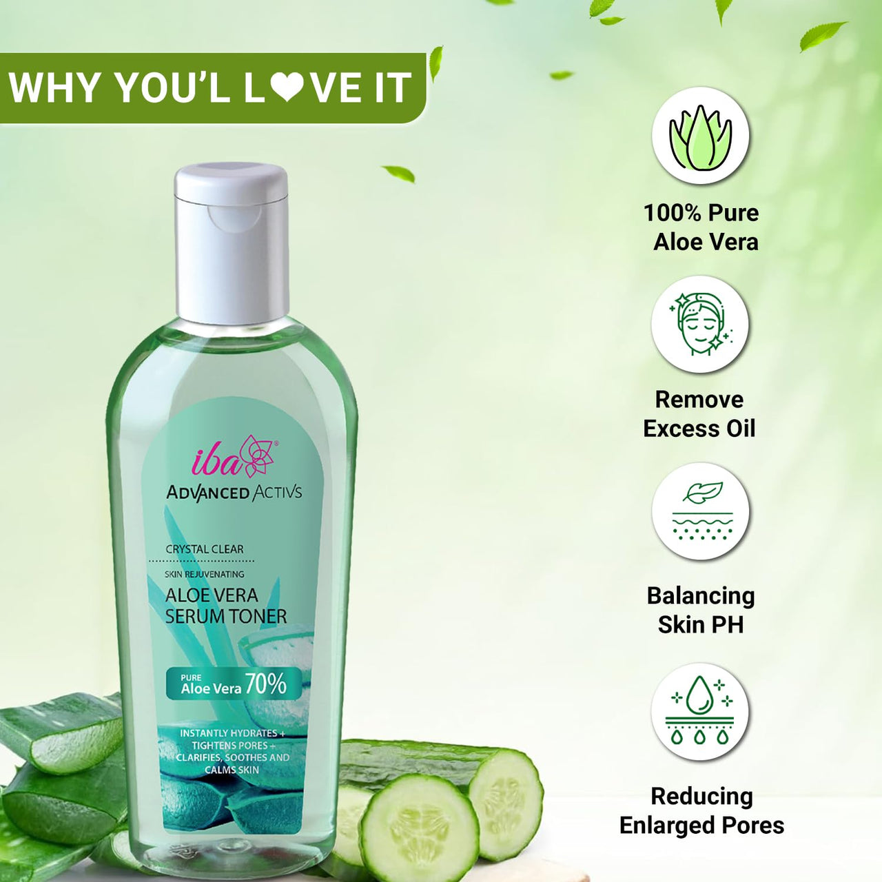 Iba Advanced Activs Crystal Clear Aloe Vera Serum Toner, 120 ml | Pore Tightening | Ultra Hydrating | Dermatologically Tested | Halal Certified & Vegan