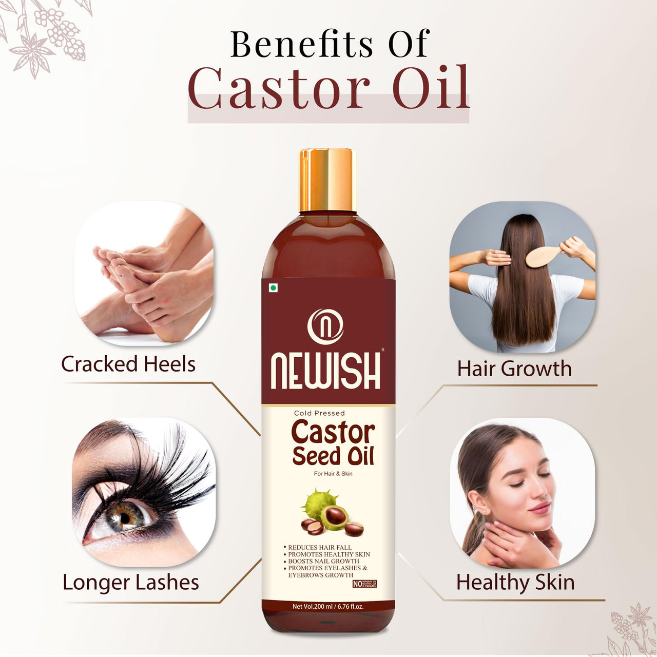 Newish Cold Pressed Castor Oil for Hair Growth, Skin & Eyebrows |Pure & Organic Arandi Oil |Promotes Thicker, Longer Hair & Repairs Cracked Heels - 200ml
