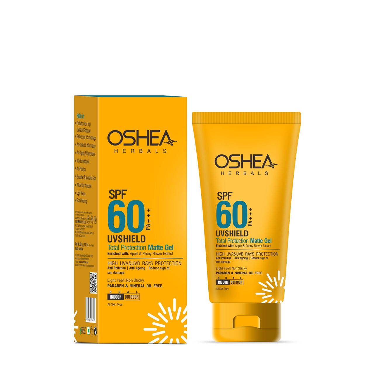 Oshea Herbals SPF 60 PA+++ Non Sticky UVshield Matte Gel Sunscreen for All Skin Types | Reduces Ageing with Signs of Sun Damage, Protects from UVA & UVB | Enriched with Apple & Peony Flower Extract60g