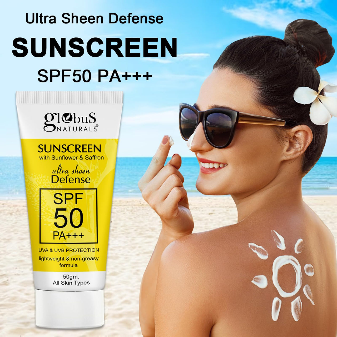 Globus Naturals Sunscreen with Ultra Sheen Defense, SPF 50 PA+++, UVA & UVB Protection, Lightweight & Non-greesy Formula, Normal to Oily Skin, 50 gm (Pack of 2)