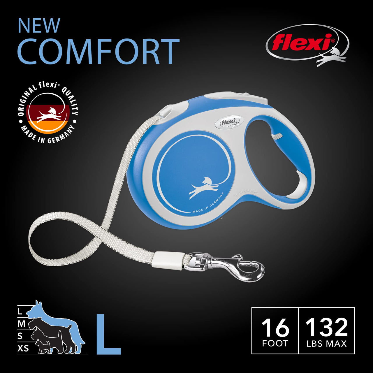 FLEXI New Comfort Retractable Dog Leash (Tape), Ergonomic, Durable and Tangle Free Pet Walking Leash for Dogs Up to 132 lbs, 16 ft, Large, Blue/Pastel Large - 16 ft