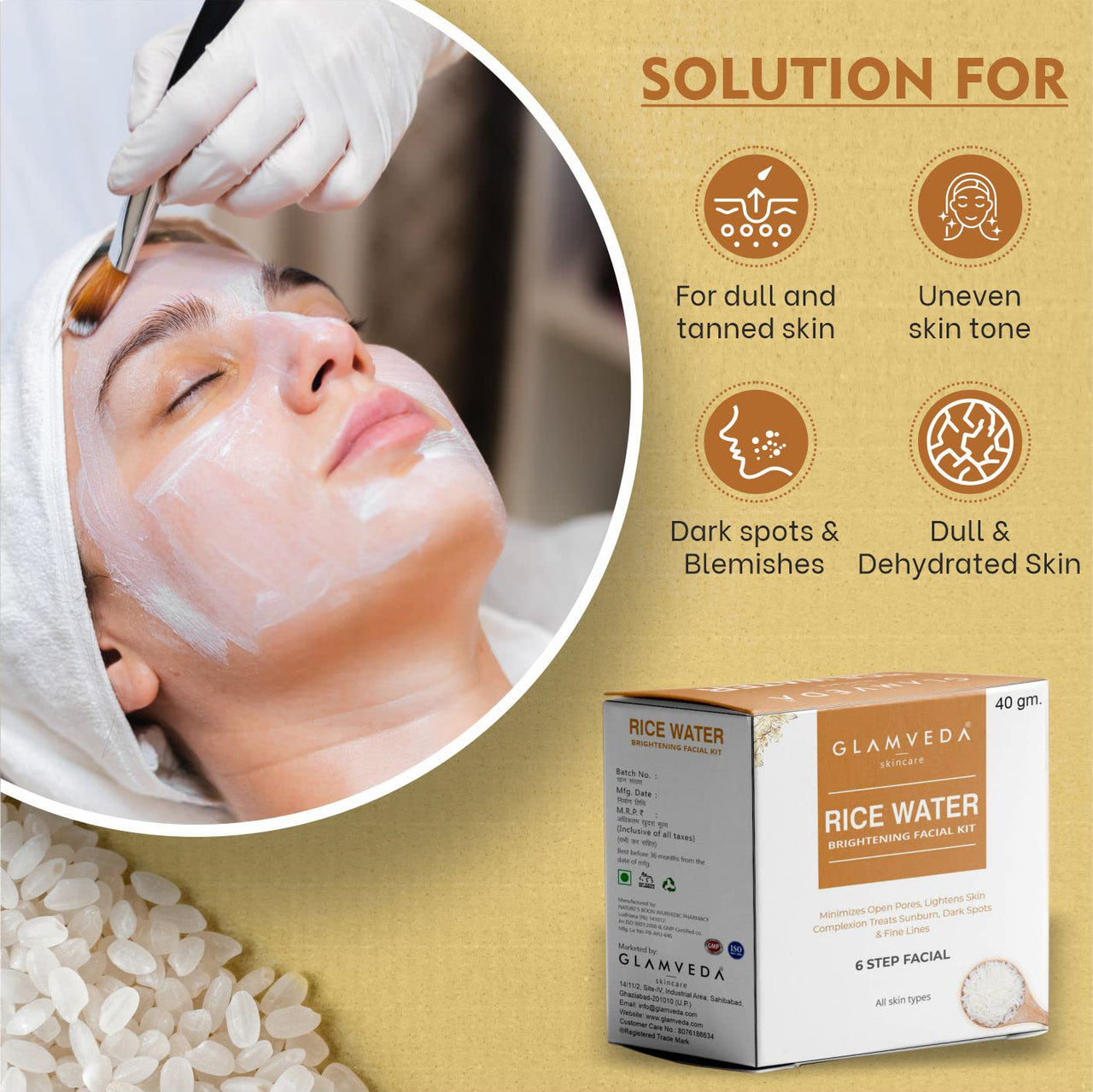 Glamveda Rice Water Brightening Facial Kit Pack Of 2 | 6 Steps Facial Kit | 80 Gm