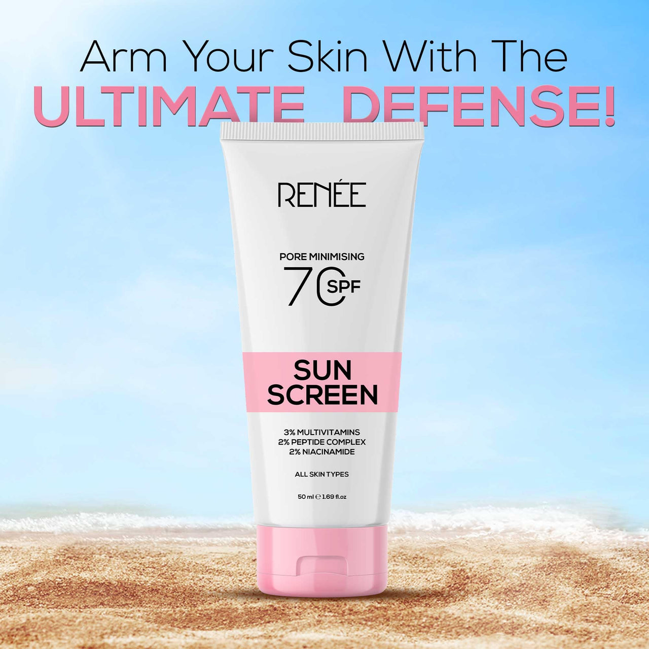 RENEE Pore Minimizing Sunscreen Spf 70 With 2% Niacinamide For All Skins, 2% Peptide & 3% Multivitamins, 50Ml