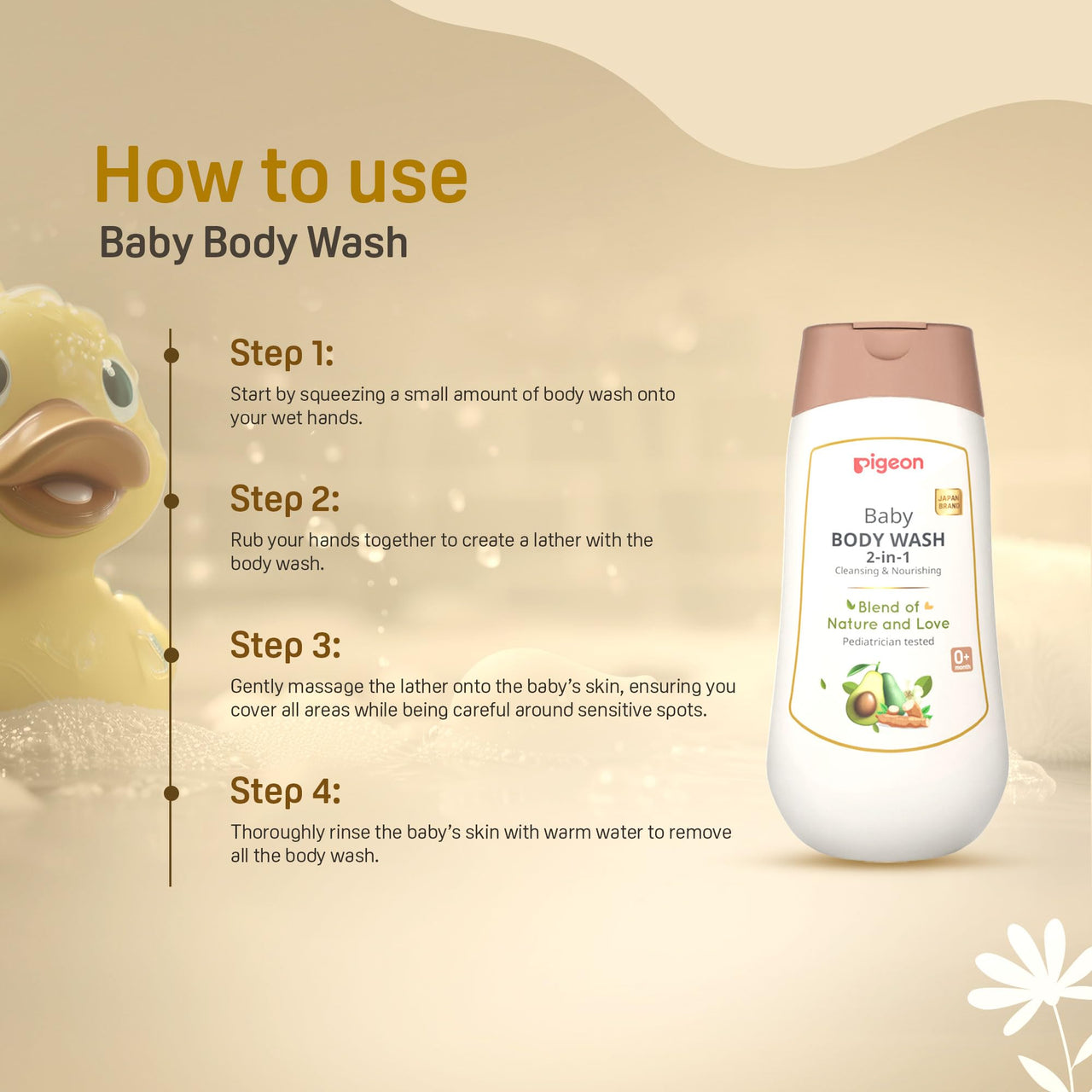 Pigeon 2-in-1 Baby Body Wash For Cleansing & Nourishing, Enriched With Avocado Oil & Marshmallow Extract, Parabens Frew, SLS & SLES Free - 200 ml