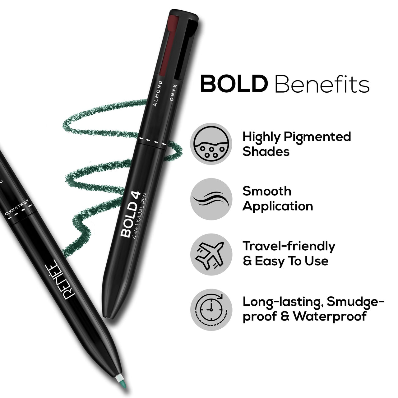 RENEE Bold 4-4-In-1 Kajal Pencil - Four Shades Black, Brown, Teal & Blue - Matte Finish, Rich Color Payoff, One-Stroke Application, Travel Friendly & Easy To Use
