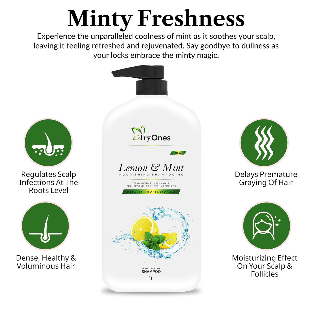 TryOnes Lemon mint Shampoo & Itchy & Flaky Scalp Reduces Dandruff from 1st wash | Moisturises Scalp | Provides Gentle Cleansing 1000 ml