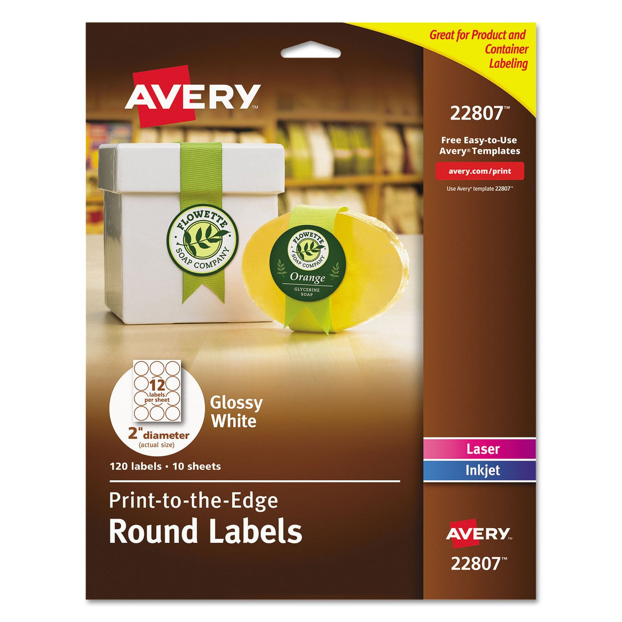 Avery Printable Round Labels with Sure Feed, 2" Diameter, Glossy White, 120 Customizable Labels (22807) 2" 120 labels