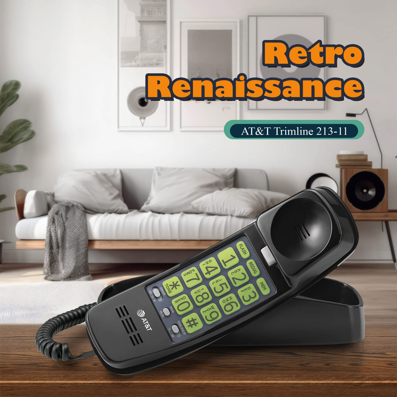 AT&T TRIMLINE 213-11 Corded Home Phone with Extra Big Buttons & Visual Ringer. No AC Power Required, Improved Easy-wall-mount, Lighted Keypad, 10 Speed Dial Keys, Volume Control,Senior Friendly. BLACK