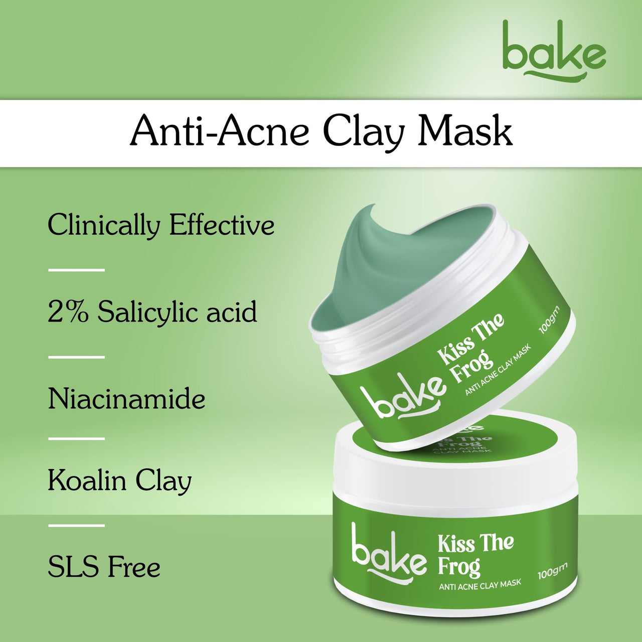 BAKE 2% Salicylic Acid Clay Mask Niacinamide for Acne Prone, Oily Skin, Open Pores & Blackheads | Anti Acne Clay Mask with Kaolin Clay | For Dark Spots, Oily Skin & Blemishes - 100g