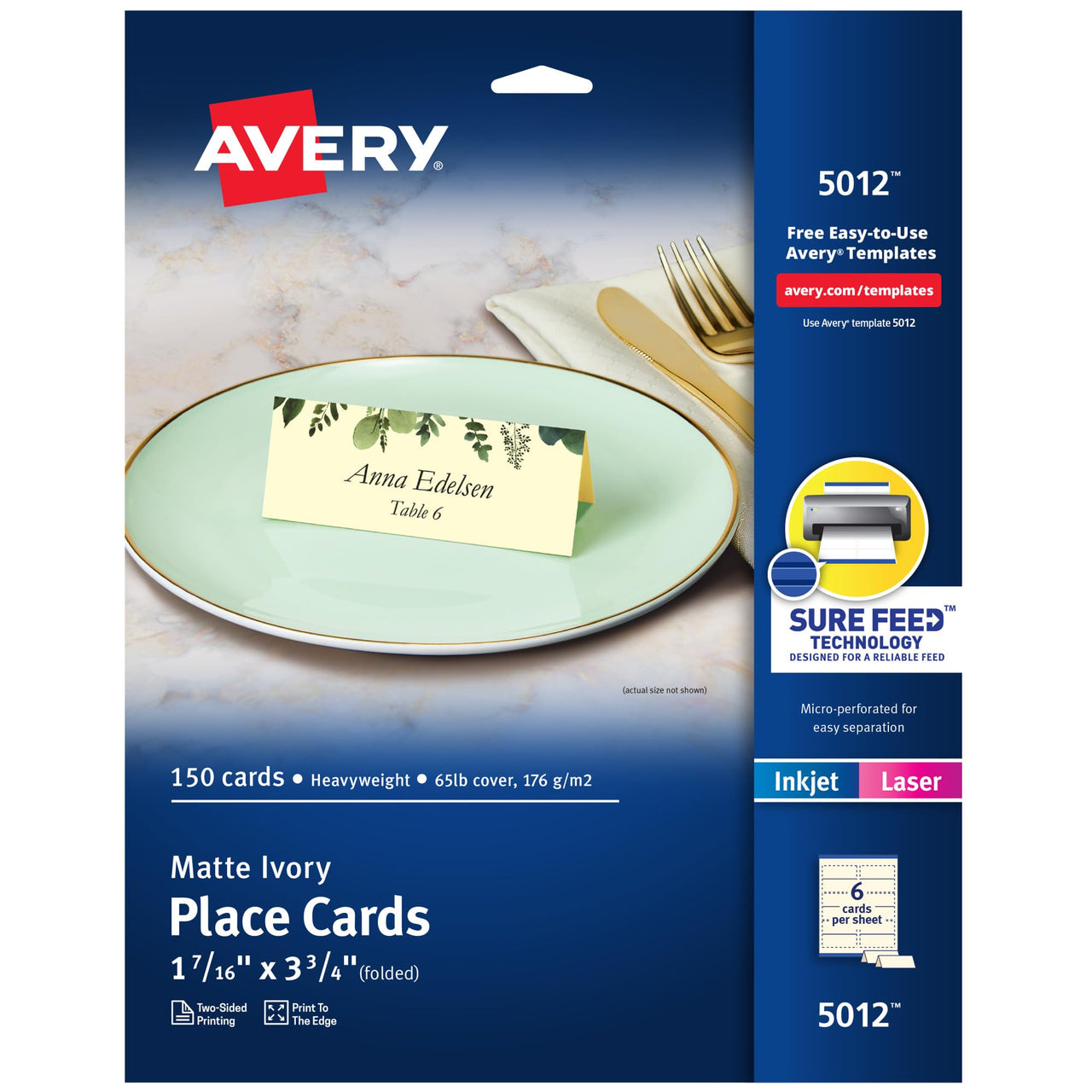 Avery Printable Place Cards with Sure Feed Technology, 1-7/16" x 3-3/4", Textured Ivory, 150 Blank Place Cards for Laser or Inkjet Printers (05012) 1.4375" X 3.75" Card One Size