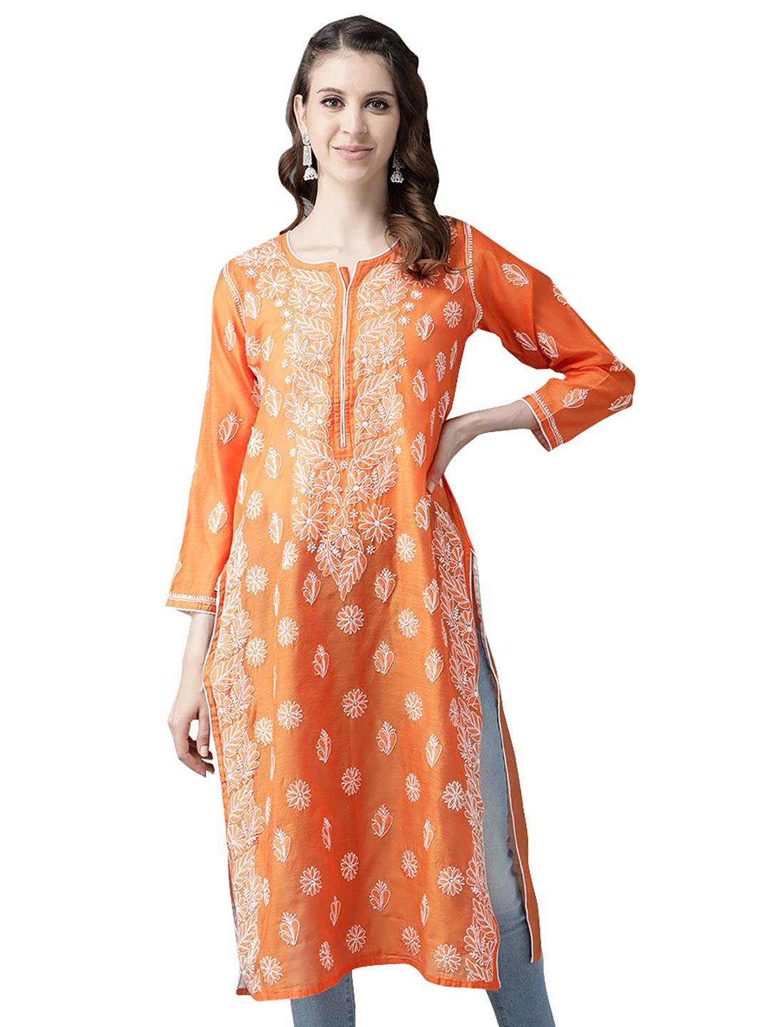 Ada Hand Embroidered New Lucknowi Chikankari Chanderi Kurta Kurti for Women A411175