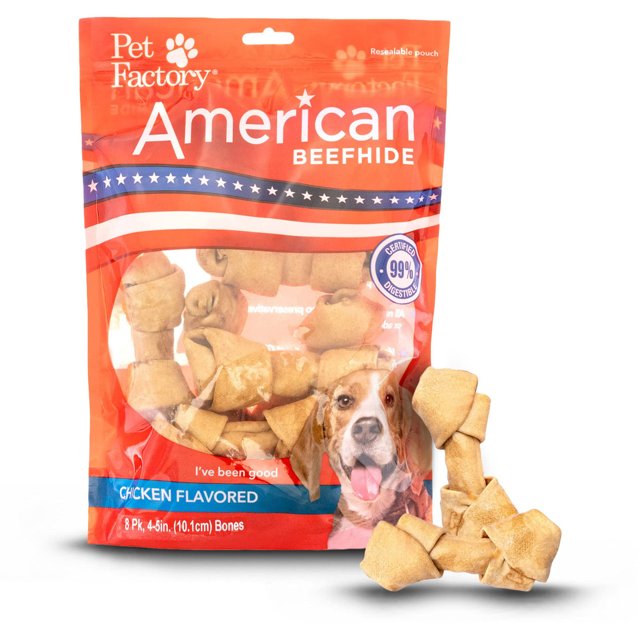 Pet Factory American Beefhide 4-5" Knotted Bones Dog Chew Treats - Chicken Flavor, 8 Count/1 Pack 8 Count (Pack of 1)