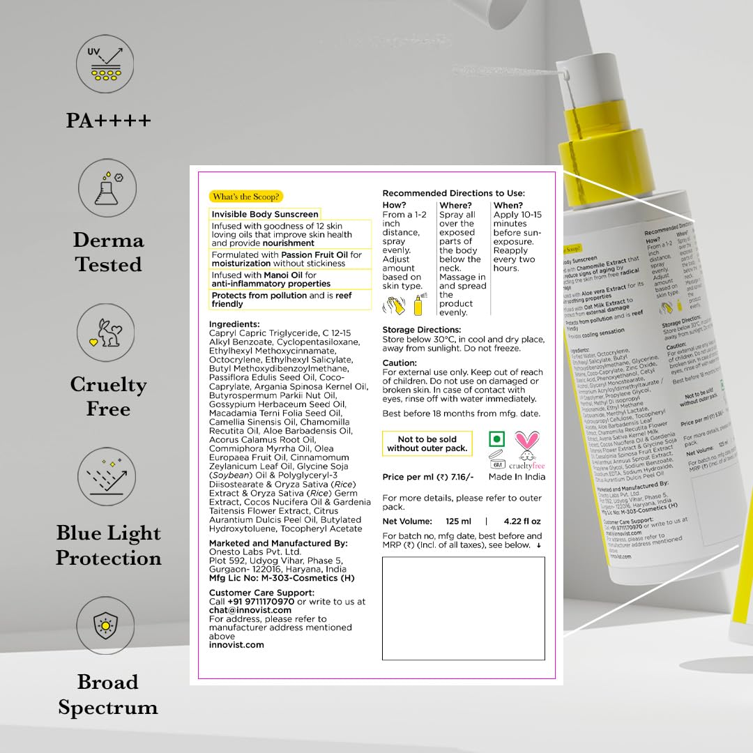 SunScoop Invisible Body SPF 60 PA++++ Sunscreen Spray For Women & Men With UV Filters Avobenzone & Octocrylene | Non-Comedogenic, Broad Spectrum, No White Cast | For Oily & Dry Skin | 125mL