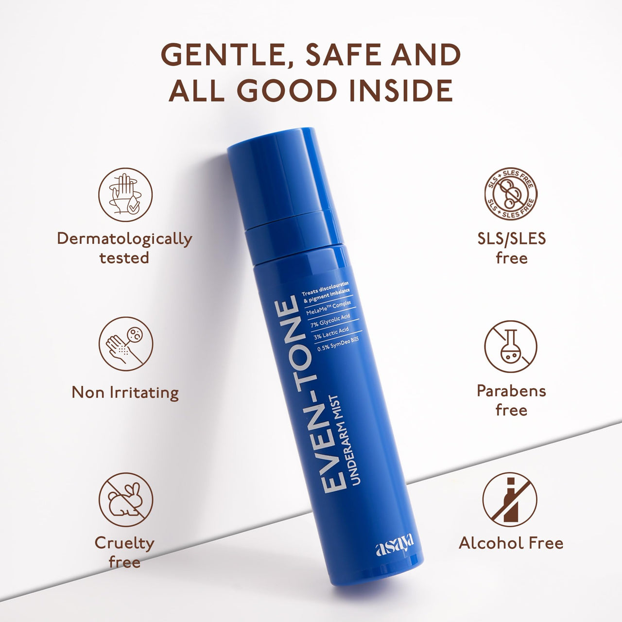 Asaya Even Tone Mist for Dark Underarm | 7% Glycolic Acid Spray with 3% Lactic Acid & MelaMe™ Complex | Helps fade dark underarm patches | Brightens Skin & Exfoliates Underarm | Controls Odour & Fades Darkness | Aluminium & Alcohol Free | For Women & Men