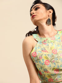 AKHILAM Women's  Knit Floral Printed Organza Saree with Unstitched Blouse Piece (FF0SAGE10_Parent)