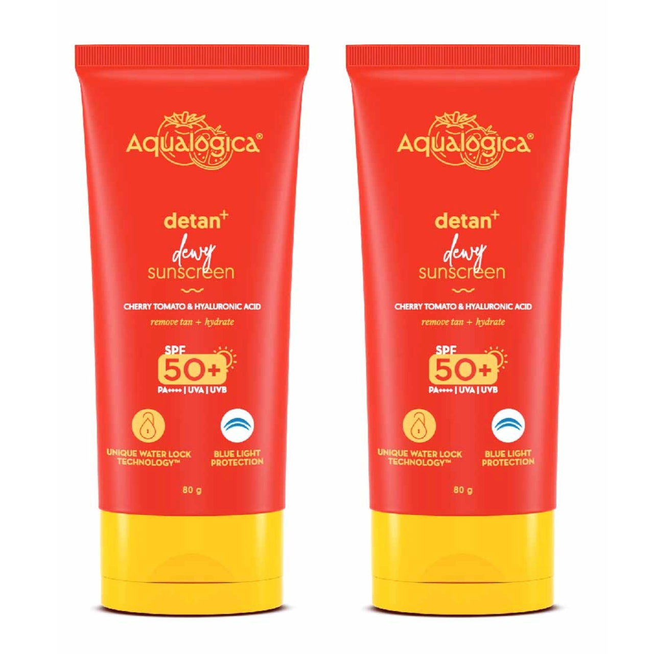 Aqualogica Detan+ Dewy Sunscreen with Cherry Tomato & Hyaluronic Acid with SPF 50 & PA++++ for Men & Women - For Normal, Dry & Combination Skin - 80g | Pack of 2