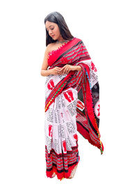 Shivanya Handicrafts Cotton Mulmul Saree for Women Attached Pom Pom Lace Red & Black 1