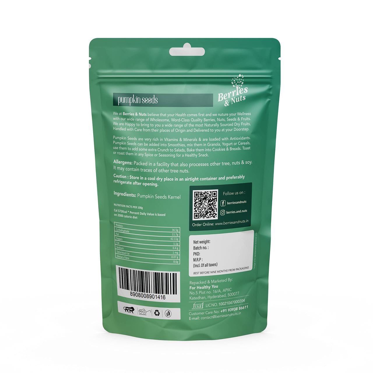 Berries & Nuts Premium Pumpkin Seeds - 200 Grams | Healthy, Crunchy, Nutritious | Raw Pumpkin Seeds | 1 Pack of 200 Grams