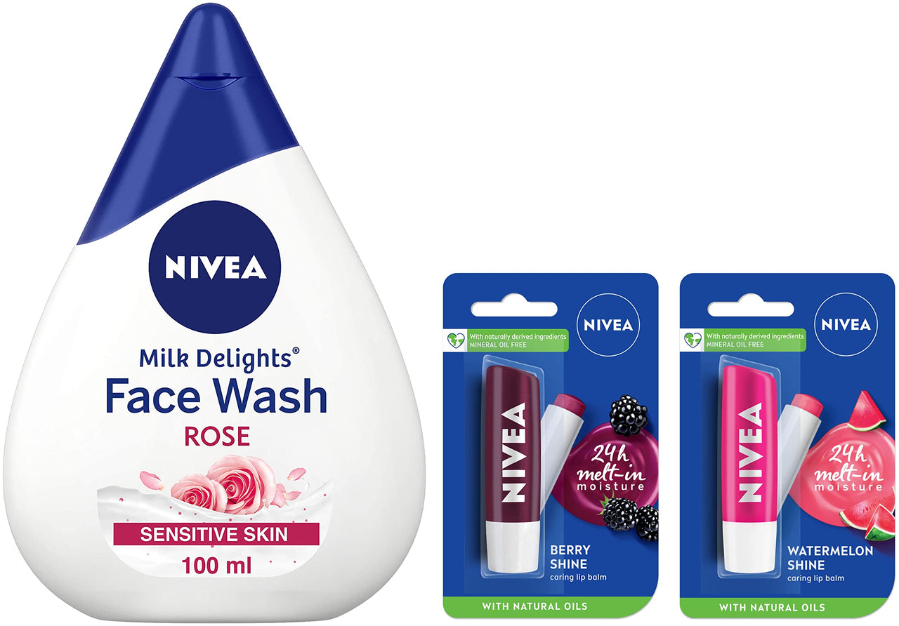 NIVEA Lip Balm, Fruity Berry Shine, 4.8g & Nivea Women Face Wash for Sensitive Skin, Milk Delights Rose, 100 ml & NIVEA Lip Balm, Fruity Watermelon Shine, 4.8g
